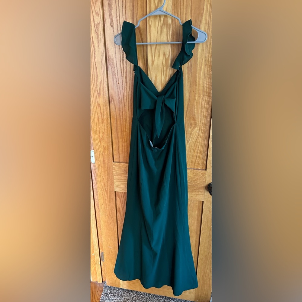Showpo green maxi dress with slit in the front, tie in the back, & ruffle strap